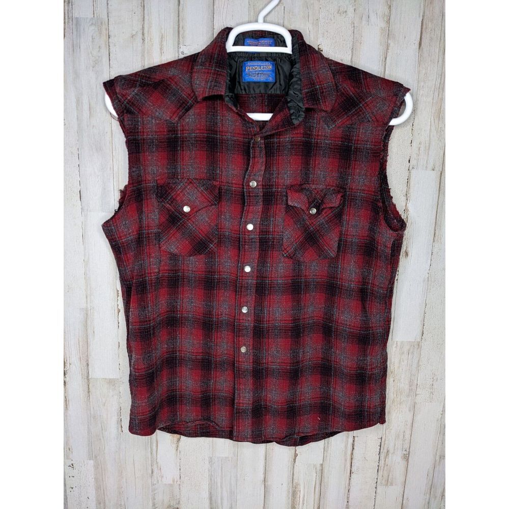 PENDLETON FLANNEL PEARL SNAP SIZE  LARGE CUTOFF SLEEVES ALTERED - GRUNGE HIPSTER